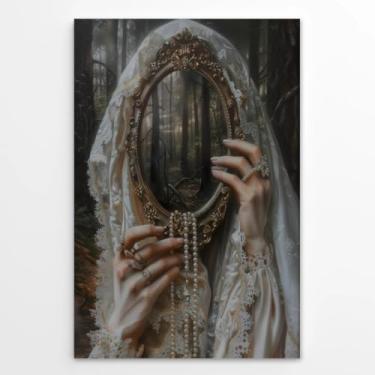 Imagem de Mirror Witch Gothic Posters Victorian Goth Wall Art Witchy Dark Academia Room Home Decor Impressão em tela macabra Colagem Surreal Forestcore Pictures Pintura para quarto 40,6 x 61 cm sem moldura