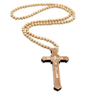 Imagem de Cruz de madeira religiosa grande pingente de crucifixo de Jesus grande madeira natural rosário colorido colar corrente oração cristã batismo joia presente de Páscoa para homens mulheres, 16in, Zinco