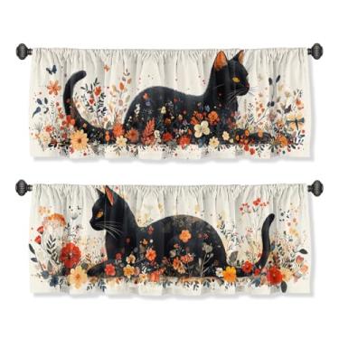 Imagem de AWJJPO Saia de cortina de flores de gato preto para janelas, pacote com 2, desenho floral, bolso para varão, decorativo, para cozinha, banheiro, quarto, sala de estar, 137 x 45 cm