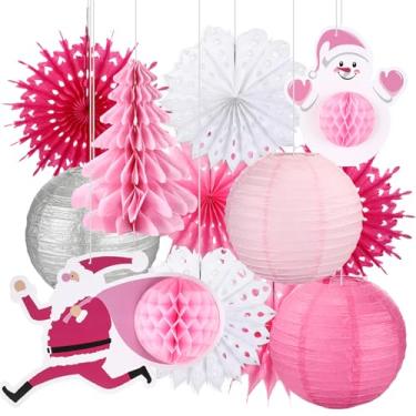 Imagem de Unittype Decorações de festa de Natal rosa, árvore de Natal, boneco de neve, bolas de favo de mel, floco de neve, ventiladores de papel, lanternas de papel redondas para suprimentos de festa de