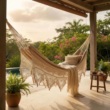 Imagem de Rede de Dormir Casal Artesanal Macramê, Areia, 4,20m x 1.50m, Algodão, Suporta 200kg, Estilo Ostra com Acabamento feito a Mão