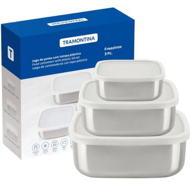 Imagem de Jogo De Potes Aço Inox Quadrado Tampa 3 Peças Tramontina Freezinox Cozinha