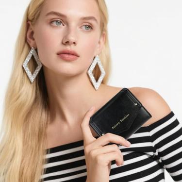 Imagem de Carteira feminina de grande capacidade, carteiras de poliuretano com três dobras com zíper, porta-moedas, porta-cartões de crédito para mulheres guardarem cartões e moedas, Preto, Retrô