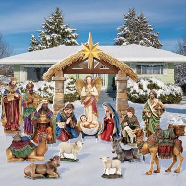 Imagem de Geelin Conjunto grande de presépio com 16 peças, placa de quintal ao ar livre com estaca do lado de fora, decoração de presépio de Natal, fé religiosa, decoração de quintal, Jesus Joseph Mary, ovelhas