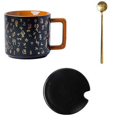 Imagem de Xícara de café com leite artesanal com alça quadrada, xícaras de chá de porcelana de design exclusivo com tampa e conjunto de colher, copos de cerâmica de cerâmica de 425 g para cappuccino Americanos