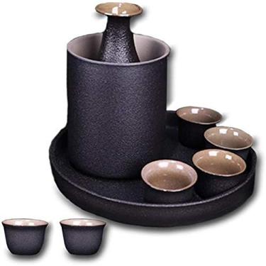 Imagem de Conjunto de 9 peças de aquecedor de saquê de cerâmica estilo japonês, 6 recipientes de saquê, 1 garrafa de saquê, 1 bandeja, 1 panela de aquecimento, conjunto tradicional de saquê pintado à mão