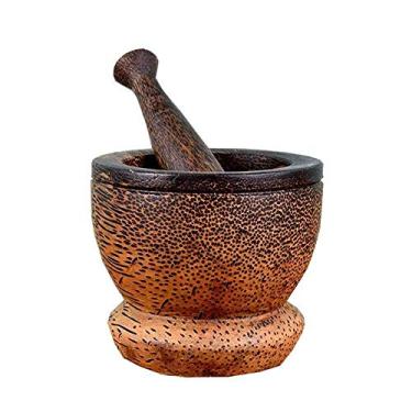 Imagem de WUHUQN Conjunto de almofariz e pilão com tampa e colher, madeira maciça natural, moedor de pimenta e alho e ervas, espremedor triturador, fácil de usar e limpar