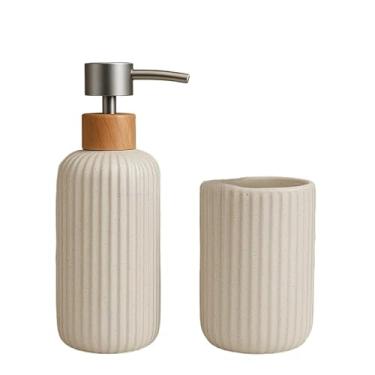 Imagem de Kit Banheiro de Cerâmica 2 Peças – Dispenser Porta Sabonete Líquido e Porta Escova de Dente | Ideal para Lavabo e Decoração Elegante(PETRA BRANCO)