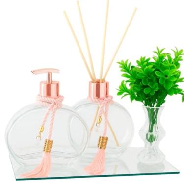 Imagem de Kit Lavabo Vidro 300ml Luxo C/Bandeja Porta Sabonete Difusor e Enfeite Decoração- Decoração Banheiro Elegante e Cristalino (Rose C/Vaso)