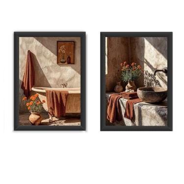 Imagem de Kit 2 quadros 18x24 banheiro, lavabo, vintage flor terracota- Decoração Vintage para Banheiro, Lavabo e Varanda(Preto)