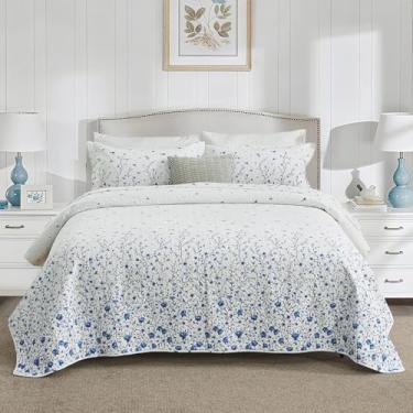 Imagem de FineStichery Colcha King 100% algodão, colcha king floral azul e branco com fronhas, edredom acolchoado leve e macio, conjunto de cama reversível, decoração de casa de fazenda/campo