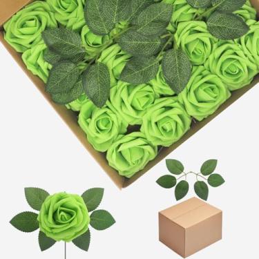Imagem de YEHLIABO Flores artificiais de espuma de aparência real, conjunto de flores artificiais de rosa para casamento para buquês de casamento, decorações de arranjos de flores (verde maçã, 200)