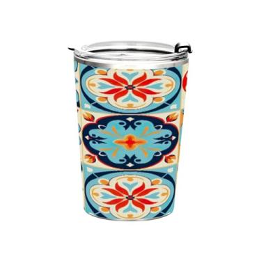 Imagem de Blueangle Copo de 340 g com tampa e canudo, copo de café com água isolada a vácuo de aço inoxidável, caneca térmica de cerâmica mexicana para bebidas quentes e frias (117)