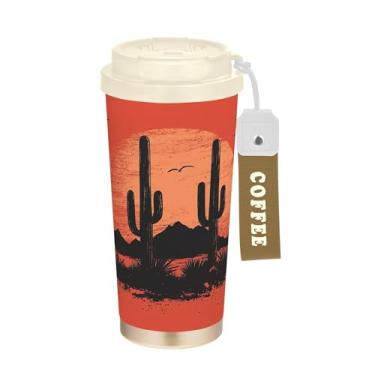 Imagem de SEHANY Caneca de viagem vintage caubói ocidental 482 g xícaras de café reutilizáveis revestidas de cerâmica com tampa à prova de vazamento, parede dupla, isolamento a vácuo, copo de café de aço