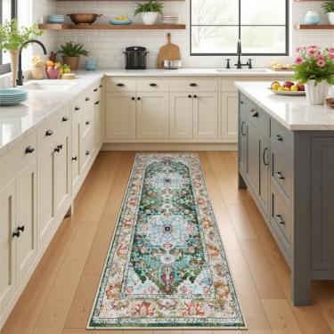 Imagem de U'Artlines Tapete de corredor Boho de 6,5 x 1,8 m, antiderrapante, lavável, vintage, para decoração de casa de fazenda, para cozinha, entrada, lavanderia e sala de estar (verde)