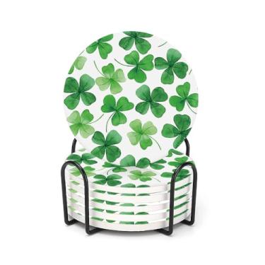 Imagem de Conjunto de 6 porta-copos para bebidas, dia de São Patrício, folhas de trevo verde, absorvente, redondo, de cerâmica, com base de cortiça e suporte de metal, decoração de bar para casa, presente de