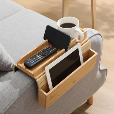 Imagem de LemonRoad Bandeja de apoio de braço de sofá de bambu com suporte de copos, base dobrável e antiderrapante, organizador de sofá para bebidas, telefone, controle remoto, lanches, serve na maioria dos