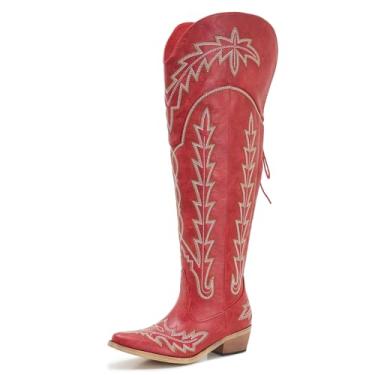 Imagem de Botas caubói femininas de cano largo acima do joelho marrom gravata ajustável botas cowgirl plus size salto baixo bico quadrado longo, Vermelho, 12 Wide