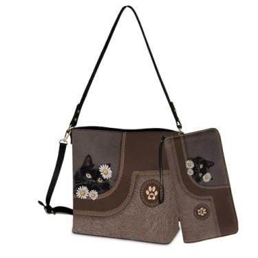 Imagem de Sannovo Conjunto de bolsa transversal para mulheres, bolsa de couro e carteira grande com carteira, Margarida de gato marrom-preta