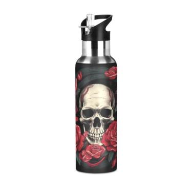 Imagem de Wassud Garrafa de água esportiva de aço inoxidável com isolamento a vácuo de caveira com rosas vermelhas, 600 ml, com tampa de canudo à prova de vazamento, copo portátil para academia e viagem