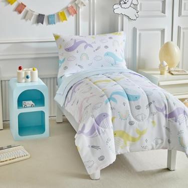 Imagem de Jogo de cama infantil Whale para meninos e meninas, branco, azul, colorido, oceano, mar, 4 peças, amarelo macio, rosa, fofo, com conjunto de lençol e fronhas