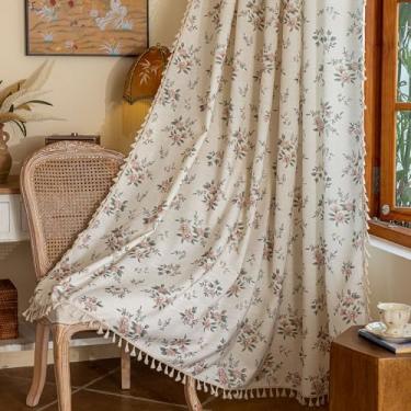 Imagem de BHUSB Cortinas semitransparentes 160 cm 2 painéis boho rosa empoeirado floral cortinas vintage curto casa de fazenda quarto sala de estar haste bolso luz filtragem privacidade janela tratamentos com