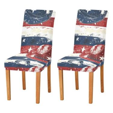 Imagem de STAYTOP 2 capas de cadeira de chapéu de cowboy estilo bandeira americana, 2 peças, capas elásticas laváveis para cadeira de cozinha, protetor de assento removível para festas de fim de ano, cozinha