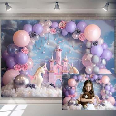 Imagem de Balões de unicórnio de 1,5 x 0,9 m, arco de fundo roxo e rosa, flores de unicórnio, castelo de princesa, fundo fotográfico, crianças, meninas, decoração de festa de aniversário, faixa para fotos
