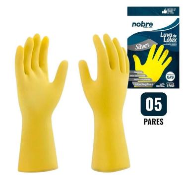 Imagem de Kit 5 Pares De Luvas Nobre Borracha-látex Hipoalergênica G Amarela Nobre Silver Louças Cozinha