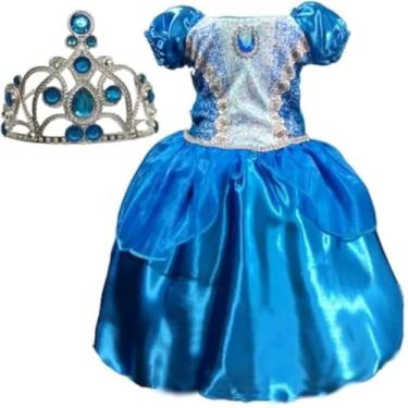 Imagem de Vestido infantil azul, longo, coroa e varinha, para festas, luxuosa.
