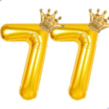 Imagem de 77 balões com números dourados de 101,6 cm para decorações de aniversário de 77 anos para homens e mulheres, balões gigantes jumbo Mylar de 77 anos