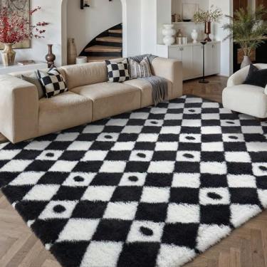 Imagem de PureCozy Tapete quadriculado 15 x 23 cm felpudo fofo sala de estar preto e branco tapete moderno lavável macio felpudo antiderrapante tapetes felpudos para quarto, dormitório, escritório, casa