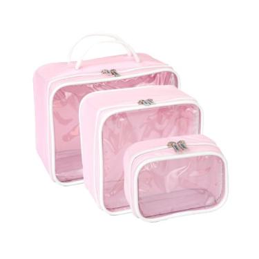 Imagem de Necessaire Impermeável Transparente com Zíper, Azul, PVC, Kit 3 Peças (P 10x7x15cm, M 19x10x19cm, G 20x12x25cm), com Alça (Rosa)