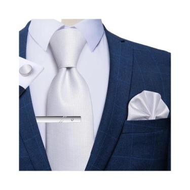 Imagem de Gravata Masculina Social Listrada Lisa De 8cm Com Abotoaduras E Lenço 