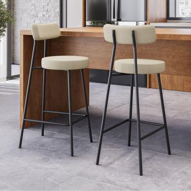 Imagem de Kit 02 Banquetas Alta Cozinha Kobe Estofada Com Encosto Linho Bege - Desk Design