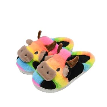 Imagem de Pantufas de vaca para mulheres e homens, fofas, fofas, aconchegantes, com desenho de vaca felpuda, para casa, para uso interno e externo, Arco-íris, 4-5 Women/2.5-3.5 Men