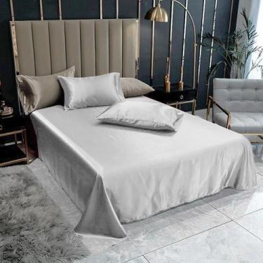 Imagem de Lençol Superior Casal Queen Com 2 Fronhas Cetim Seda Cinza - Lm Detona