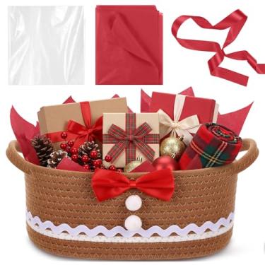 Imagem de Zopeal Cesta de tecido de Natal com saco de presente, fita e papel de seda vermelho, cesto de tecido para homem de gengibre, cesta vazia para presente de Natal, 30,5 x 20,3 x 12,7 cm