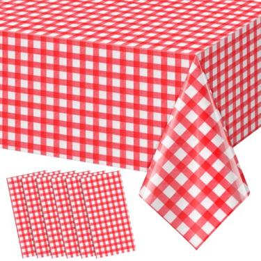 Imagem de YIDAKO 6 peças de toalha de mesa xadrez vermelha, toalhas de mesa xadrez de búfalo, capas de mesa de plástico descartáveis para aniversário, chá de bebê, festa de casamento, decorações de aniversário