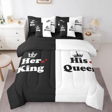 Imagem de Erosebridal Conjunto de edredom de casal King e Queen para Dia dos Namorados | Conjunto de cama romântica com coroa e fronhas Mr Mrs His Her Bed in A Bag, preto e branco para homens e mulheres