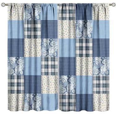 Imagem de Cortinas de retalhos florais boho, estampa xadrez xadrez acolchoada de casa de fazenda azul para decoração de janela de quarto, varão, cortinas blackout para sala de estar, quarto, cozinha, conjunto