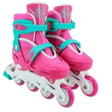 Imagem de Patins Infantil com Kit de Proteção Completo, Rosa com Detalhes Verdes, Tamanho 30-33, Inclui Capacete, Joelheiras, Cotoveleiras, +3 Anos