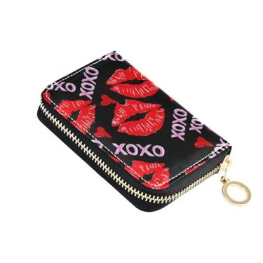 Imagem de Carteira feminina com porta-cartões com bloqueio de RFID pequena com zíper em volta de porta-moedas carteira com zíper vermelho branco batom beijos preto