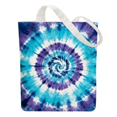 Imagem de ANATTASOUL Bolsa de lona azul tie dye reutilizável de algodão para mulheres, bolsa de ombro de tecido durável com bolsos com zíper para compras, férias, trabalho, academia