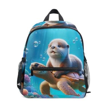 Imagem de Sea Turtle Otter Underwater World Simple Modern Toddler Backpack with Whistle, 2 Bottle Pockets, Lightweight, Back to School Backpacks 10x4x12 In, for Ages 3-8