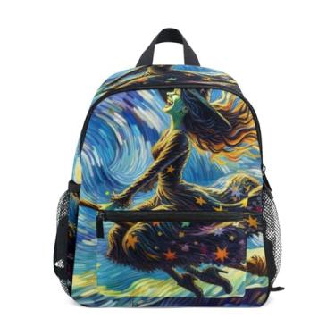 Imagem de GAIGEO Halloween Witch Starry Night Backpack for Baby with Whistle, 2 Bottle Pockets, Lightweight, Pre School Backpack 10x4x12 In, for Ages 3-8