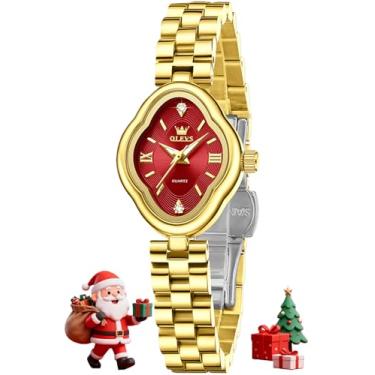 Imagem de OLEVS Relógio feminino elegante dourado luxuoso de aço inoxidável à prova d'água luminoso, L5666: pulseira dourada e mostrador vermelho, Presente de festa clássico casual de luxo