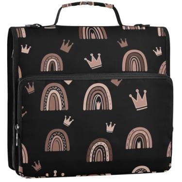 Imagem de Organizador profissional de fichário com zíper, 3 anéis, 3 anéis, arco-íris, coroas, marrom, estojo de armazenamento com alça para fichário do ensino médio com alça 34,5 x 31,5 x 9 cm