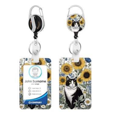 Imagem de Porta-crachá de identificação de flor de gato preto com molinete retrátil resistente, chaveiro, cartão de identificação para mulheres, enfermeiros, professores, funcionários de escritório
