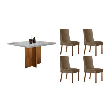 Imagem de Sala Jantar Mesa Berlim Tampo c/ Vidro Curvo 90cm+ 4 Cadeiras Dakota Madeira Naturale/Off White - Capuccino/Suede Capuccino - Rufato